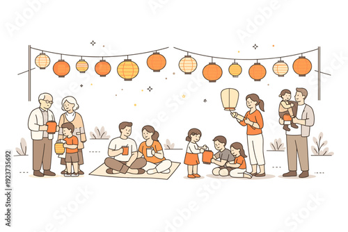 Spring lantern festivals community. Families and neighbors gathered calmly in a lantern-lit public space, exchanging smiles and enjoying the