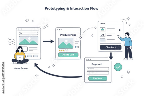 Prototyping and interaction flow. Clean editorial scene with connected screens showing arrows, transitions, and motion hints between UI states. Calm sense of