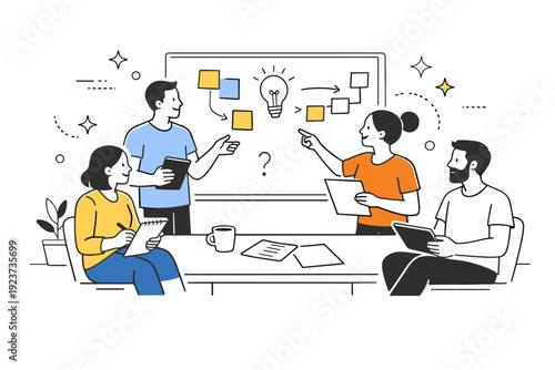 Team meeting in coworking space. A small team gathers around a whiteboard, brainstorming with papers and tablets, abstract stars and dots