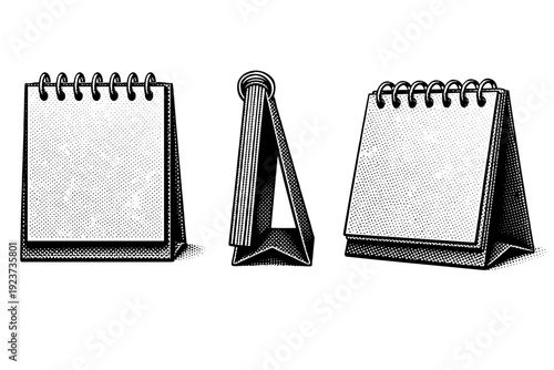 Desktop flip calendar. A physical desktop flip calendar is presented in three views: front-facing view, side profile view, and three-quarter