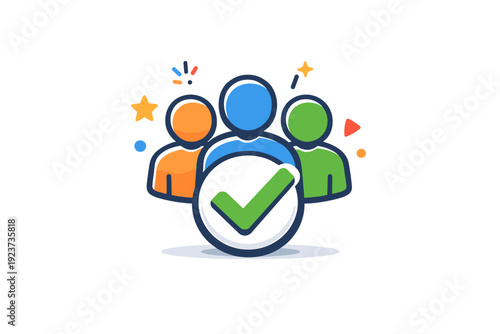 Group achievement captured as a clean visual badge combining multiple figures, a checkmark, and subtle celebratory accents, suggesting
