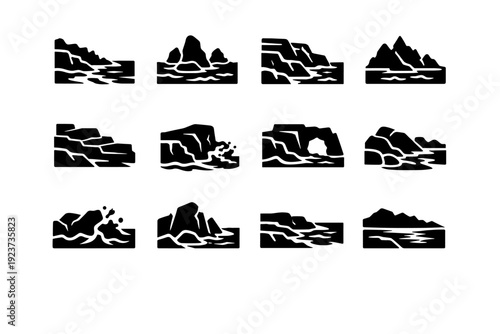 Rocky coast landscape. Solid icon set of Rocky coast landscape: rugged coastline, rock and sea scene, coastal terrain, jagged shore outline,