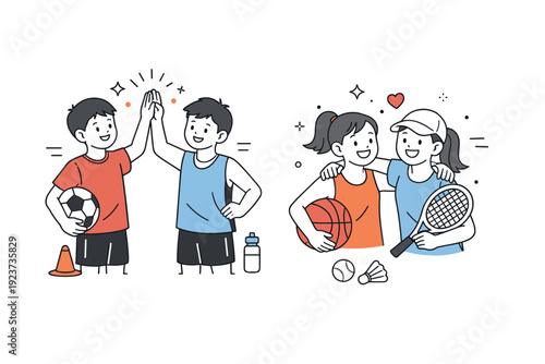 Youth sports training sessions. An end-of-practice moment with kids celebrating effort, giving high-fives or smiling together. Sense of achievement,
