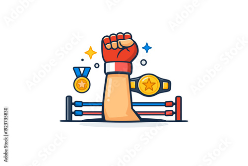 Fighter championship moment symbolizing discipline effort and reward at the end of competition. A clean visual metaphor where a raised arm and subtle ring