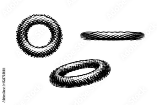 Abstract halftone data ring. A hollow data ring element is displayed in three views: straight-on view, side thickness view, and three-quarter
