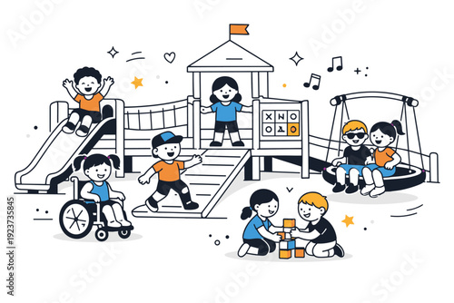 Inclusive playground design. Children of different abilities playing together on accessible equipment with ramps and wide platforms. Friendly