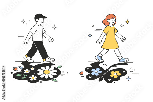Playful surreal spring interactions. Characters walking while shadows turn into flowers and playful shapes on the ground, reacting to their