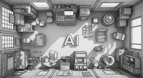AI concept illustration with a room full of technology and innovation.