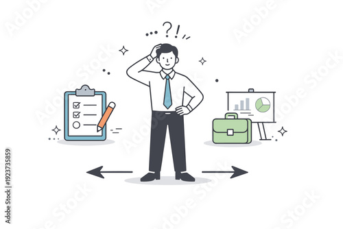 Role ambiguity at work. A character stands between two muted job icons, unsure which direction to take. The mood suggests