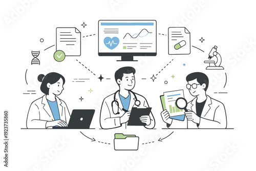 Scientific collaboration in healthcare. A calm editorial scene showing researchers connected by shared data screens and documents. The