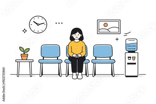 Everyday boredom realism. Scene of a waiting area with a single figure quietly sitting, hands in lap, minimal decor. Slow, patient, and