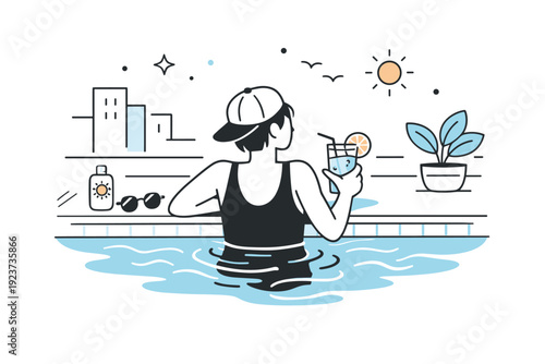 Rooftop Pool Relaxation. Chilling in rooftop pools. Person enjoying a drink at the poolside, water gently moving around. Casual luxury and mindful downtime.