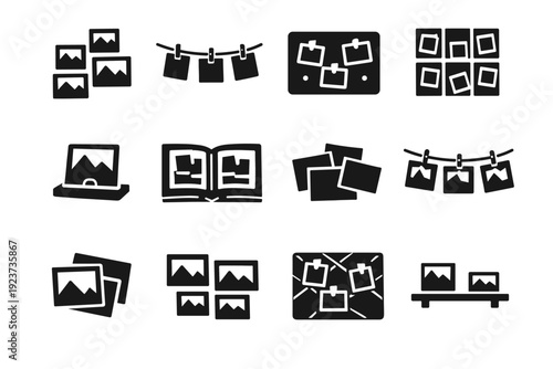 Creative Photo Display. Solid icon set of Creative Photo Display: photo wall, string with clips, cork board photo, grid layout photos, desk