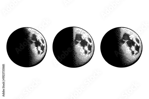 Moon with halftone shading waxing moon phase, a partially illuminated lunar sphere with a clear terminator line shown as the same object in