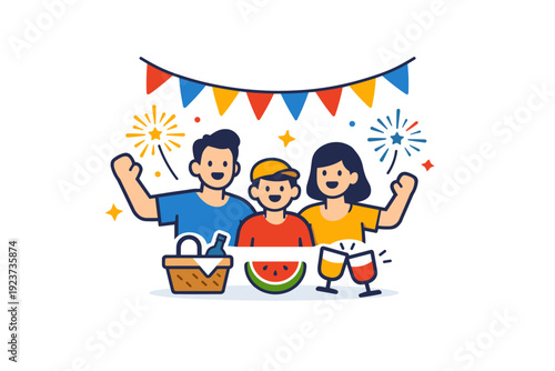 National holidays focused on public celebrations and time off spent together. A friendly editorial composition with people icons, simple fireworks or banners
