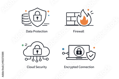 Cybersecurity icons. Modern outline icons representing data protection, firewall, cloud security, and encrypted connection. Clean professional feel suitable