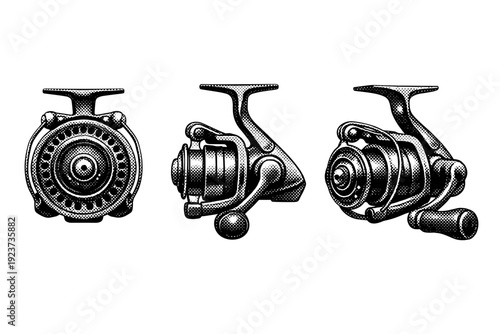 Fishing reel shown as a single object presented in three different views: front view, side view, and three-quarter view emphasizing mechanical form and