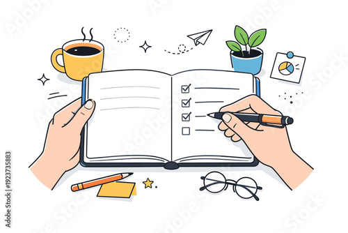 Work journaling for reflection. Close-up editorial scene of hands writing bullet points and small checkmarks in a journal. Structured