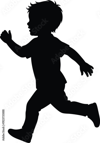 Small child silhouette runs quickly across a bright empty background.