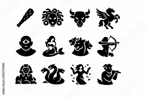 Mythic characters. Solid icon set of mythic characters: Hercules club, Medusa head, Minotaur, Pegasus, Cyclops, Siren, Cerberus, Centaur bow, Sphinx, Hydra,