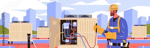 HVAC technician repairing rooftop air conditioning unit urban cityscape modern equipment maintenance worker blue uniform safety gear