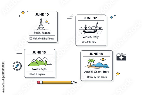 Travel itinerary planning. A clean editorial scene with cards showing dates, locations, and notes arranged neatly on a table. The composition communicates