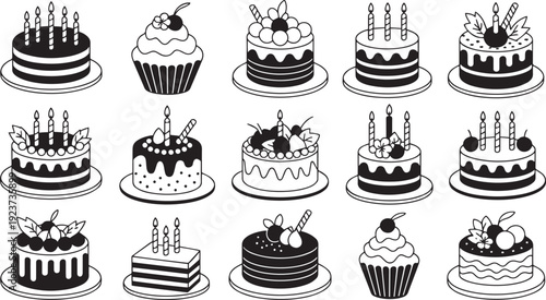 Collection of various black and white illustrated cakes and cupcakes with candles and fruit decorations isolated on transparent background