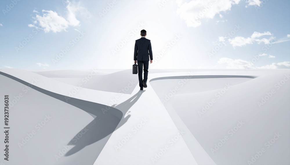 Obraz premium Man walking on looping path illusion, business complexity challenges right direction