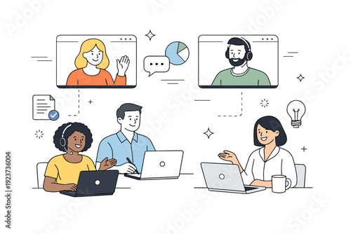 Corporate meeting ? remote collaboration. Team members connected through laptops and floating video call windows, showing modern hybrid work.