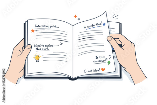 Handwritten notes on margins. Person flipping through a book with gentle margin notes and underlines visible, hands relaxed. Intimate