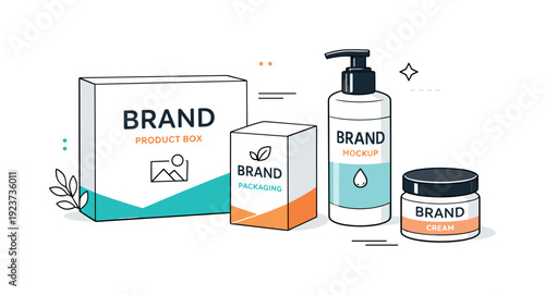 Packaging mockup illustration. Clean editorial scene with minimal product boxes and labels displayed from a front and angled view,