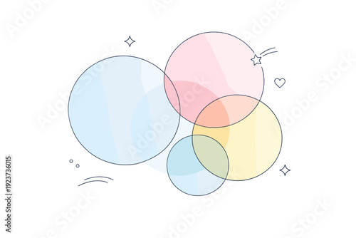 Soft light diffusion overlays. Abstract composition of translucent circles and gradients lightly overlapping, diffused light creating a