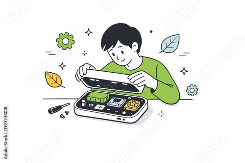 Disassembling an eco-friendly product. A person carefully opening a gadget to reveal modular and recyclable components, small gear and leaf