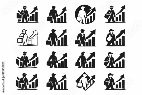 Economic Migrant Icons. Economic migrants. Icon set. Set Logo of Economic migrants: worker figure with rising graph. harmonious logo variations of the same
