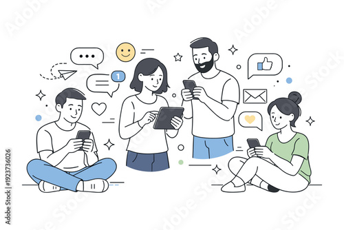 Social media interaction concept. People using smartphones and tablets, exchanging messages and reactions in a calm, friendly scene. The