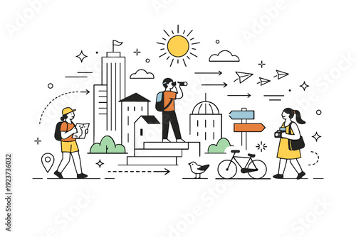 Urban exploration during summer. Abstract city composition with people, sun icons, buildings, and directional lines. Visual metaphor for curiosity, movement,
