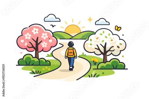 Morning walk in spring park gentle movement along a winding path with blooming trees and soft sunlight, expressing mindfulness, balance and a fresh start to