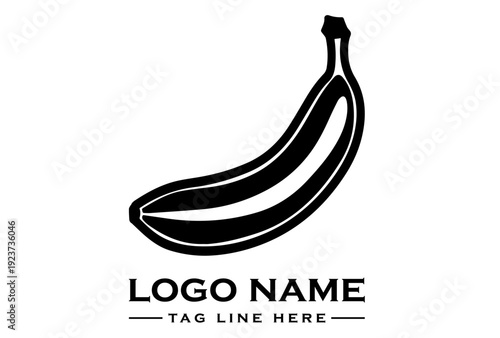 Black and white vector graphic illustration of a banana with a logo template on a plain white background.