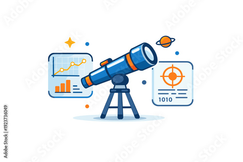 Telescope technology and advancements represented by a telescope paired with digital interface elements like grids and data