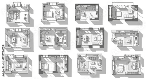 Detailed architectural floor plans showcasing various interior design layouts and room arrangements.