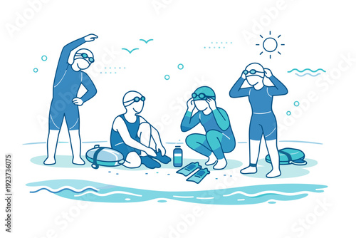 Group open-water swim warm-up. A small group stretching and checking gear together near the waterline. Support, preparation, and shared calm