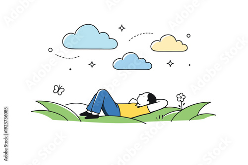 Watching clouds lying on grass. Abstract editorial composition with relaxed figure, curved grass shapes, and floating clouds. Quiet joy, simplicity, and summer