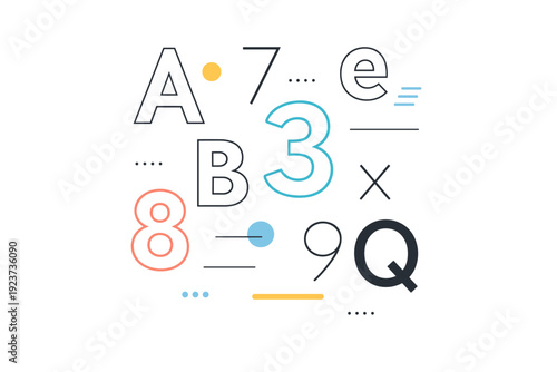 Letters and numbers. Abstract arrangement of letters and digits used as visual elements, creating a modern typographic composition. Calm editorial mood with