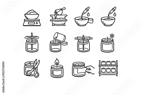 Candle Crafting Steps. Line icon set of Candle Crafting Steps: weigh wax, melt wax, add color, add scent, insert wick, pour wax into jar,