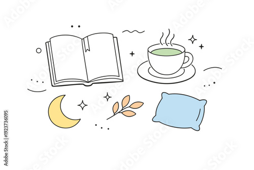 Evening ritual flat lay. A relaxed arrangement of a book, cup, and soft decorative shapes suggesting rest and reflection. Calm closure of the