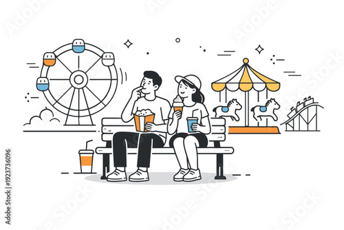 Amusement park leisure visits. Couple sitting on a bench with snacks, watching attractions move slowly nearby. Relaxed break inside a lively environment.
