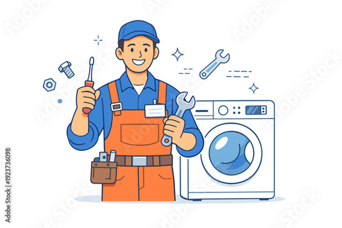 Appliance repair specialist. A technician shown with a washing machine or fridge, using simple tools and wearing a name tag. Friendly