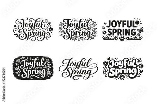Joyful spring vibes. Set lettering. harmonious lettering variations of the same emblematic concept, each with different artistic