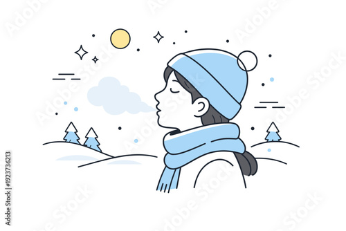 Breath in cold air. Side profile of a person exhaling into a snowy morning, steam gently drifting upward. Peaceful engagement with nature through breath and