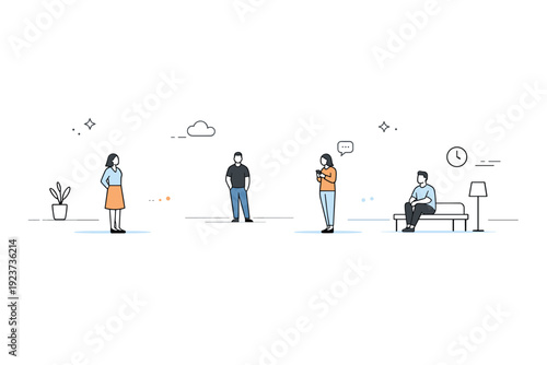 Human scale in large spaces. A small group of people scattered across a wide interior, each separated by large distances. Sense of openness